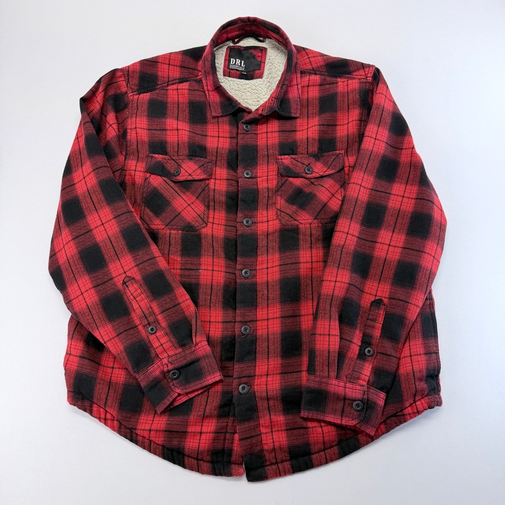DRL Essentials Mens XL Red Black Buffalo Plaid Sherpa Lined Flannel Shirt Jacket